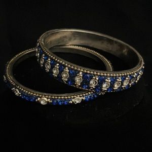 Vintage Bangle Bracelets with Blue and white Crystals gold and silver tone